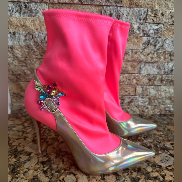 Christian Louboutin Pink Jessie Joli Crystal Embellished Bootie Shoe - Picture 3 of 9